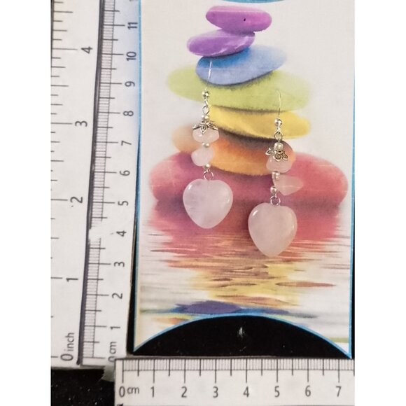 ROSE QUARTZ EARRINGS, HEARTS, SILVERY BALI STYLE ACCENTS - Picture 6 of 7